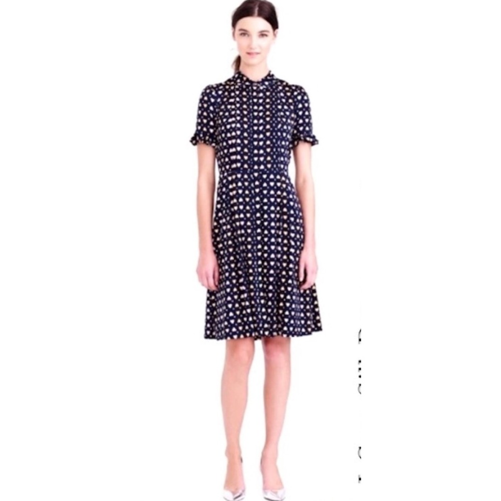 J.Crew Navy Heart Polka Dot‎ Print Ruffle Sleeve Button Front Silk Dress Size 4